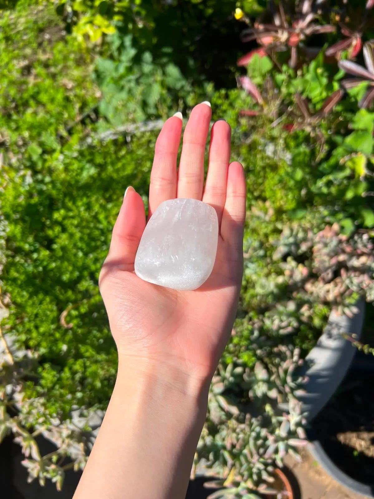 Translucent crystal alum deodorant bar resting on an open palm against sunlit garden greenery