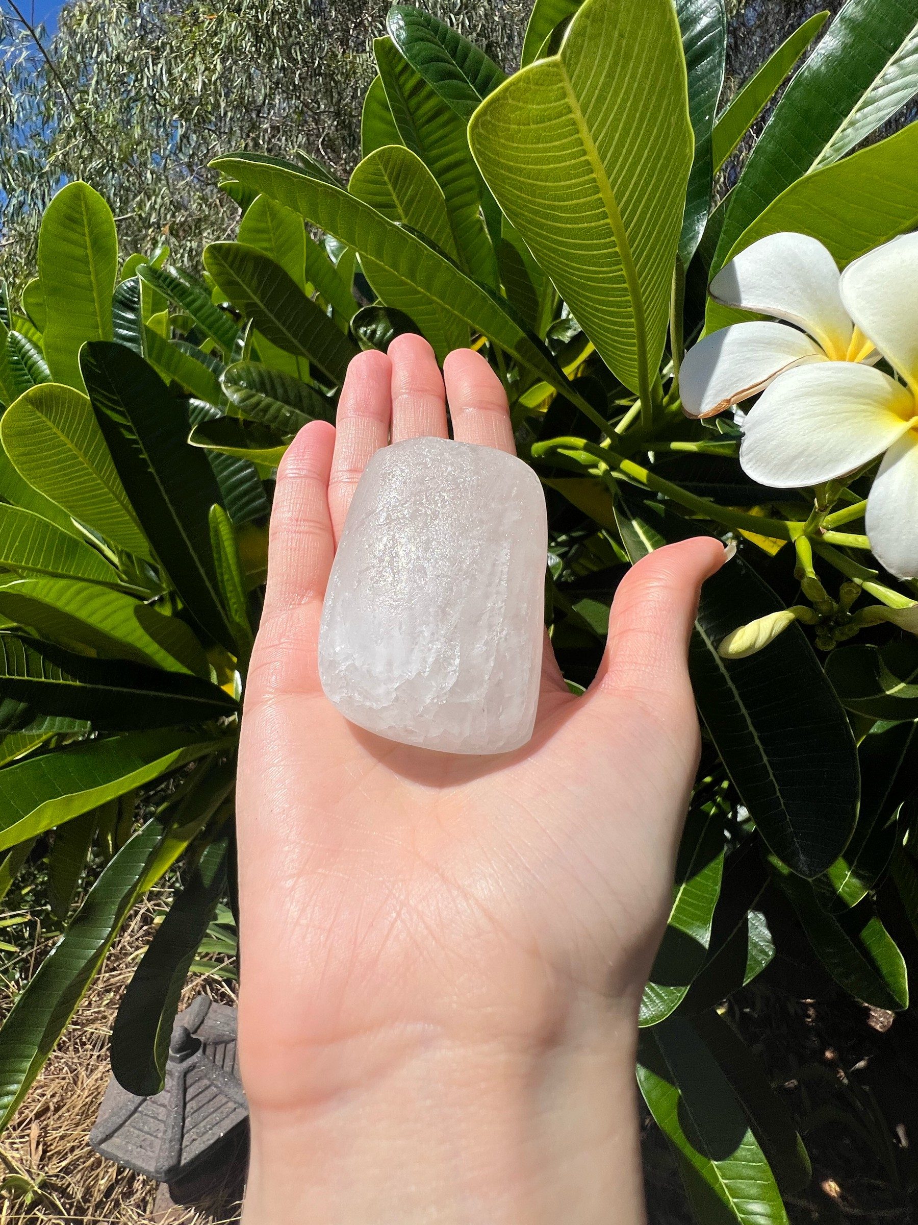 Translucent crystal alum deodorant bar held in a hand beside white frangipani flowers