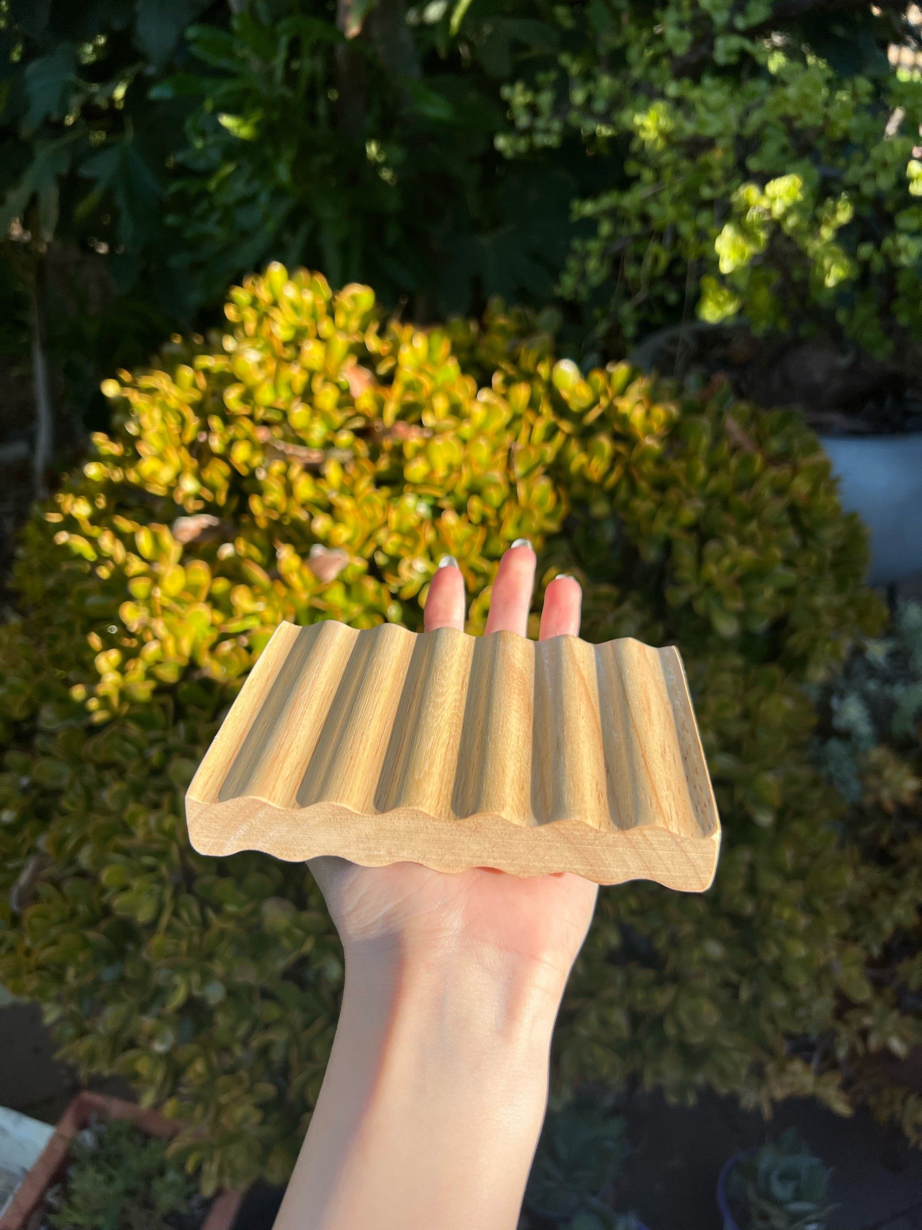 Waved beechwood soap rack shown in profile, held against sunlit garden shrubs